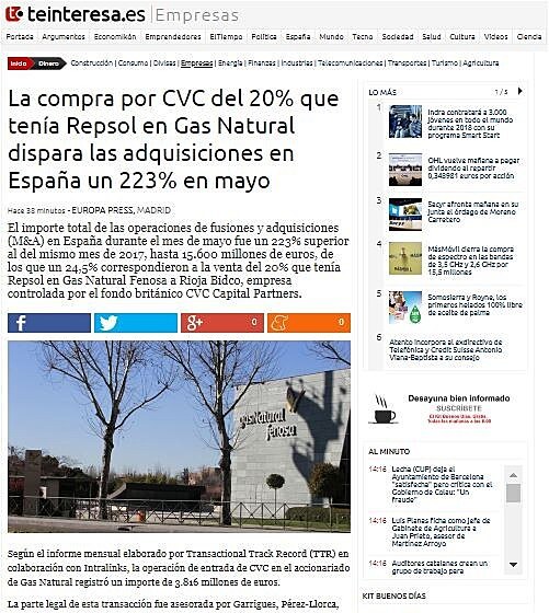 La compra por CVC del 20% que tena Repsol en Gas Natural dispara las adquisiciones en Espaa un 223% en mayo